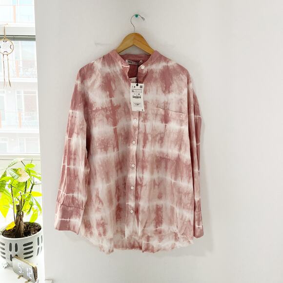 NEW Zara Pink Tie Dye Dye Relaxed Fit Button Up Top Size XL - Picture 1 of 6